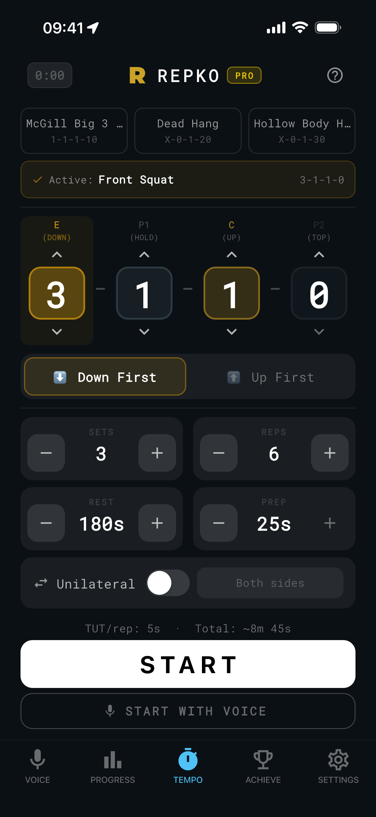 Repko exercise setup screen showing 4-phase tempo, direction toggle, and unilateral switch